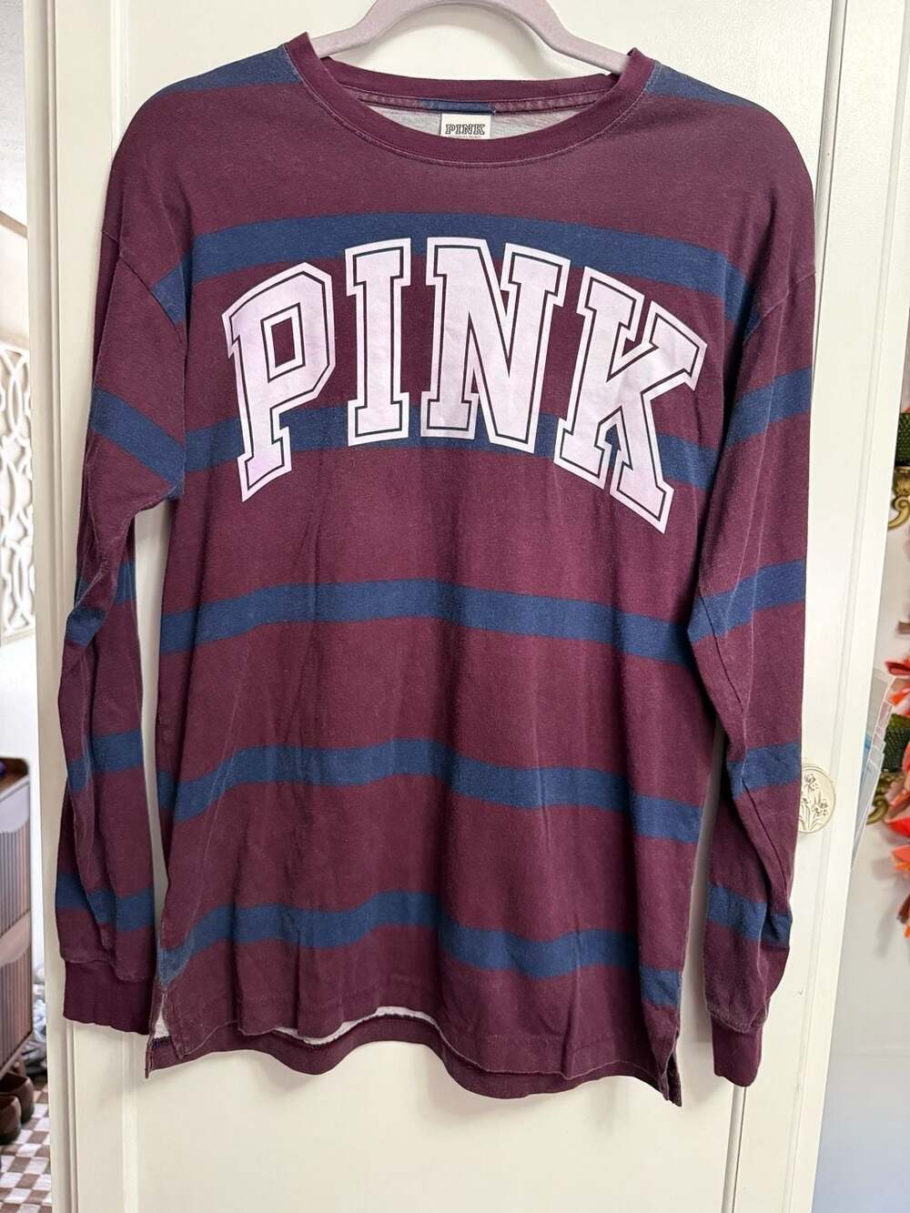 Victoria's Secret PINK Maroon and Navy Blue Striped Long Sleeve T-Shirt Size XS